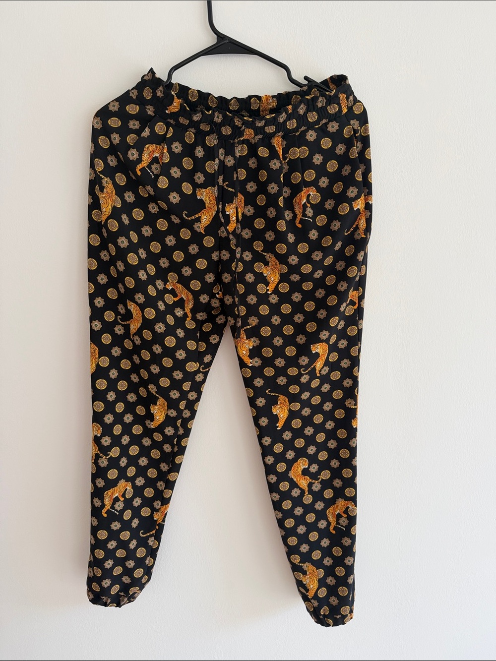Zara Black Pants with Gold Tiger & Medallion Print
